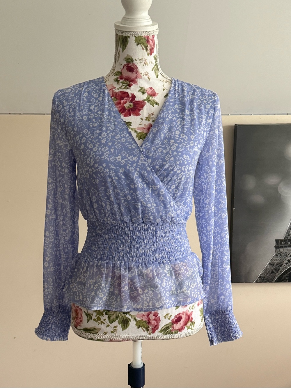 Japna Light Blue Floral Wrap Smocked Waist Blouse